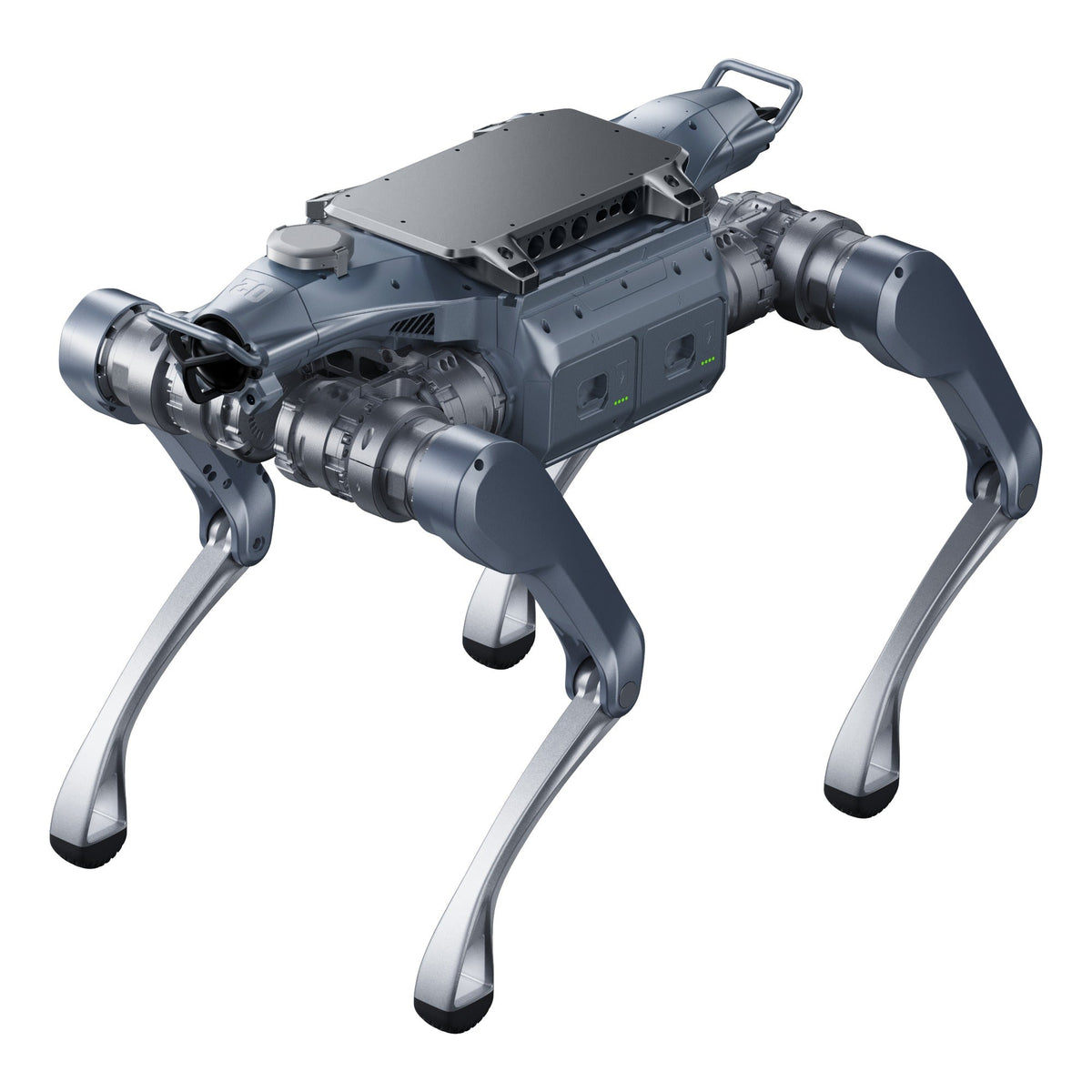 Unitree A2 Pro quadruped robot with expansion dock and companion base station, on white