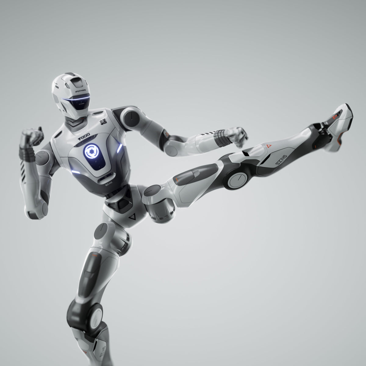 EngineAI T800 Basic humanoid robot performing a flying kick